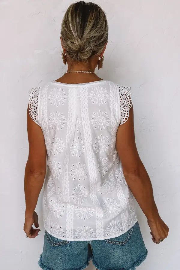 Contrast Lace Cut Out Flutter Sleeve Blouse