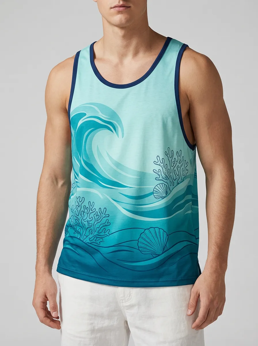 Men's Ocean Beach Lover Wave Coral Seashell Printed Tank Top