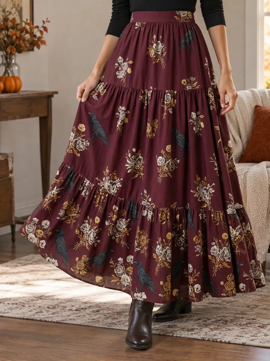 Women's Halloween Gothic Raven Floral Printed Maxi Skirt