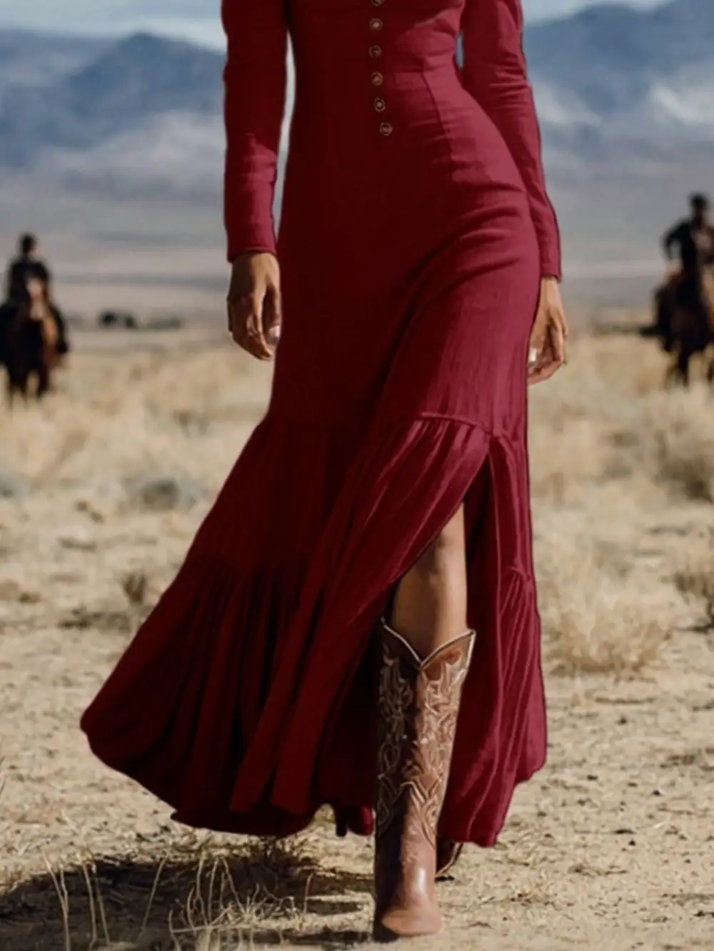 Tiered Slit Long Sleeve Maxi Dress
