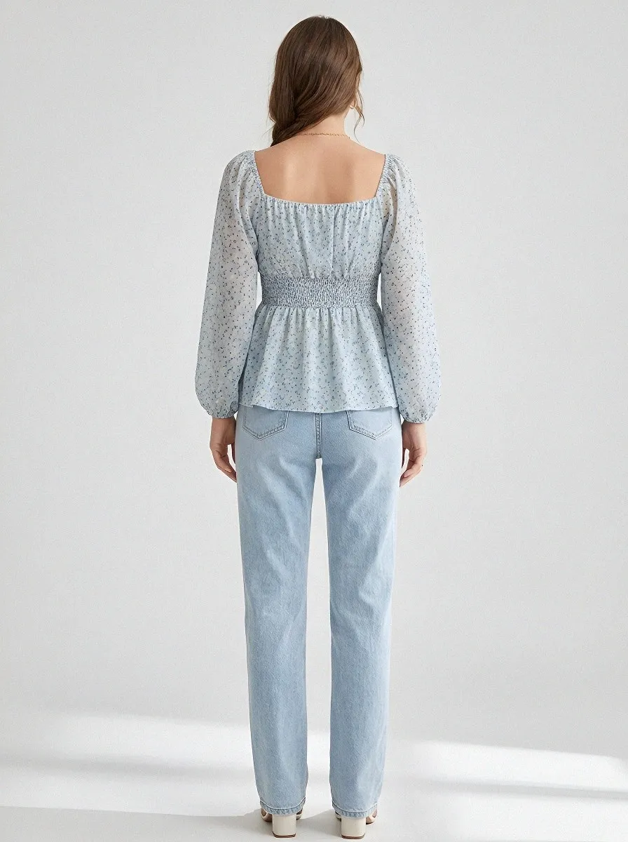 Floral Square-Neck Peplum Women's Puff-Sleeve Blouse