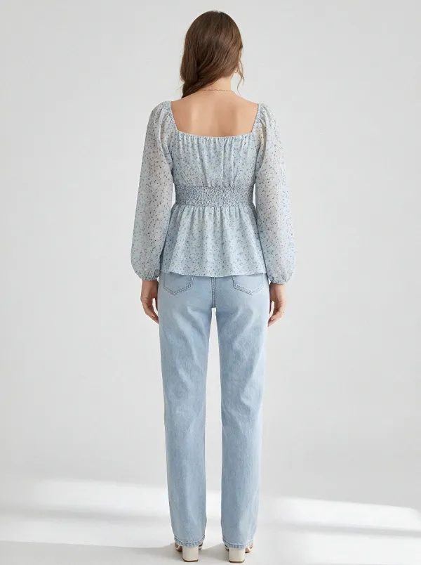 Floral Square-Neck Peplum Women's Puff-Sleeve Blouse