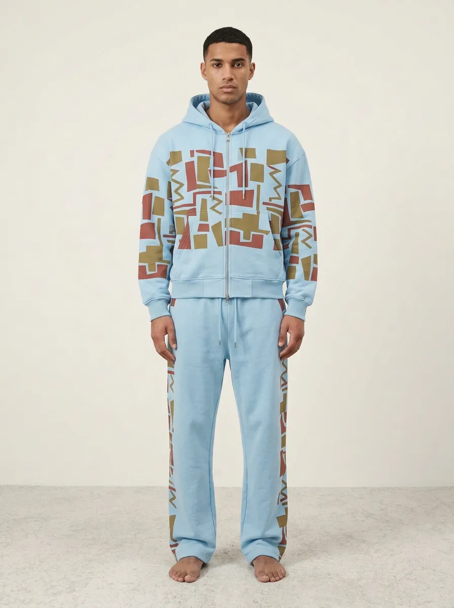 Men's Geometric Pattern Printed Zip-up Hoodie Jogger Set Everyday Design