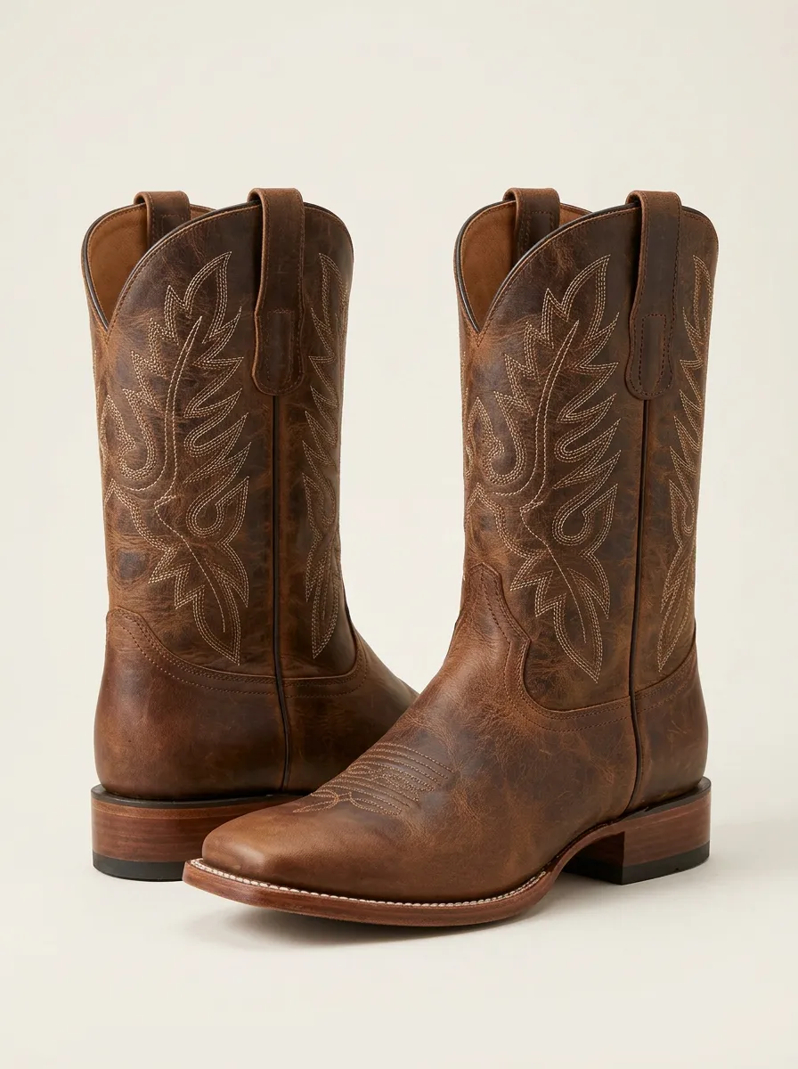 Men's Western Cowboy Distressed Leather Embroidered Boots