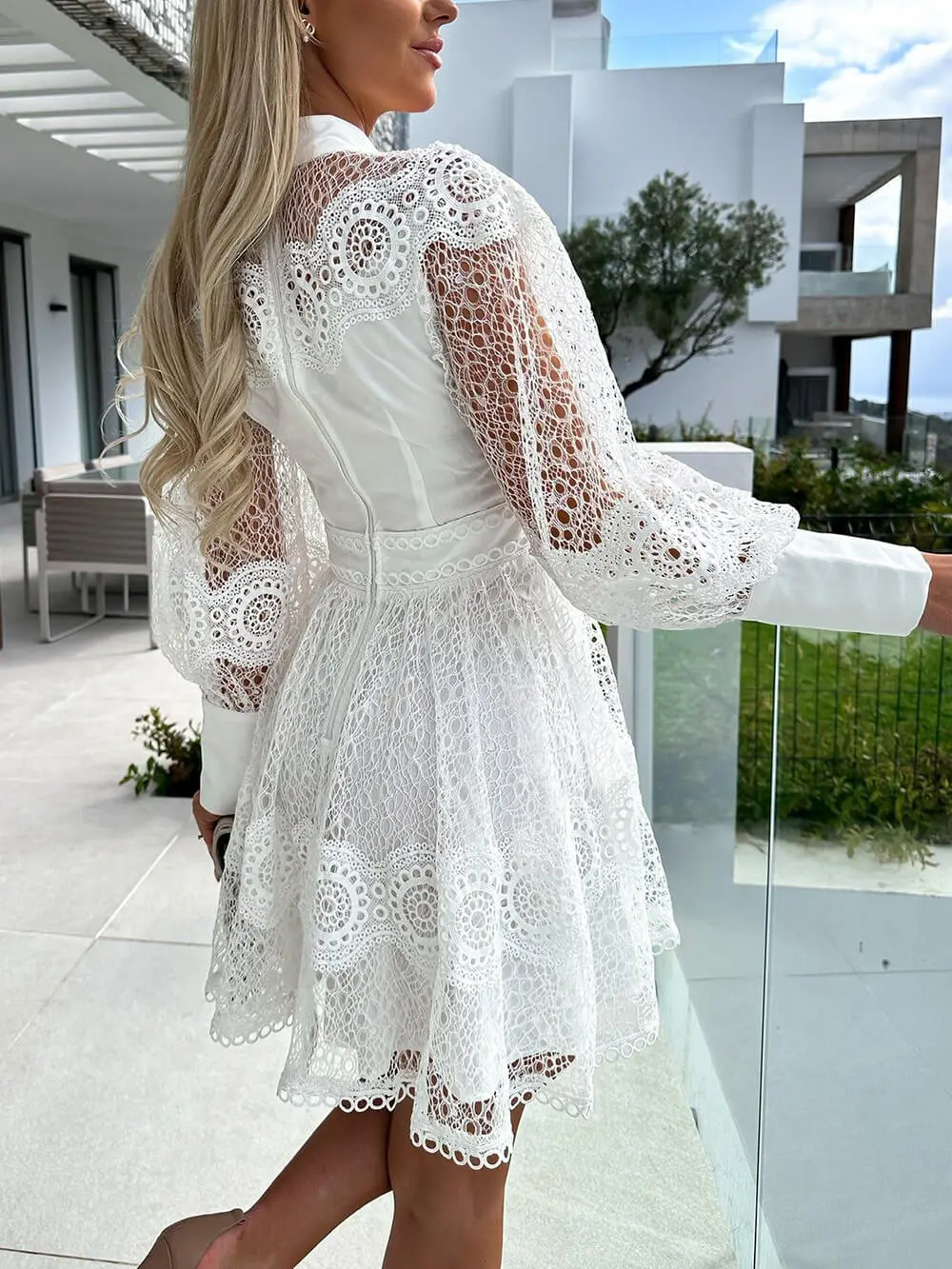 Lace Trim Long Sleeve Elegant Mini Dress