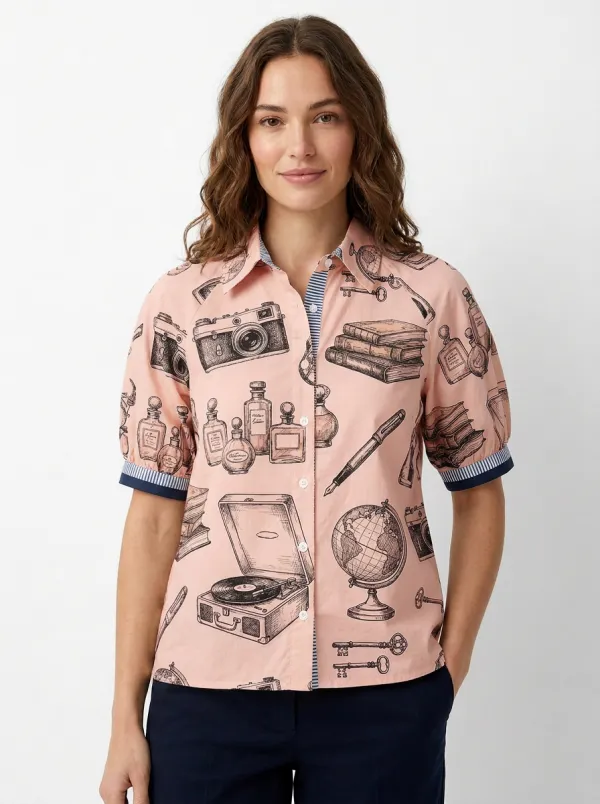 Women's Vintage Hobby Lover Camera Book Globe Graphic Shirt