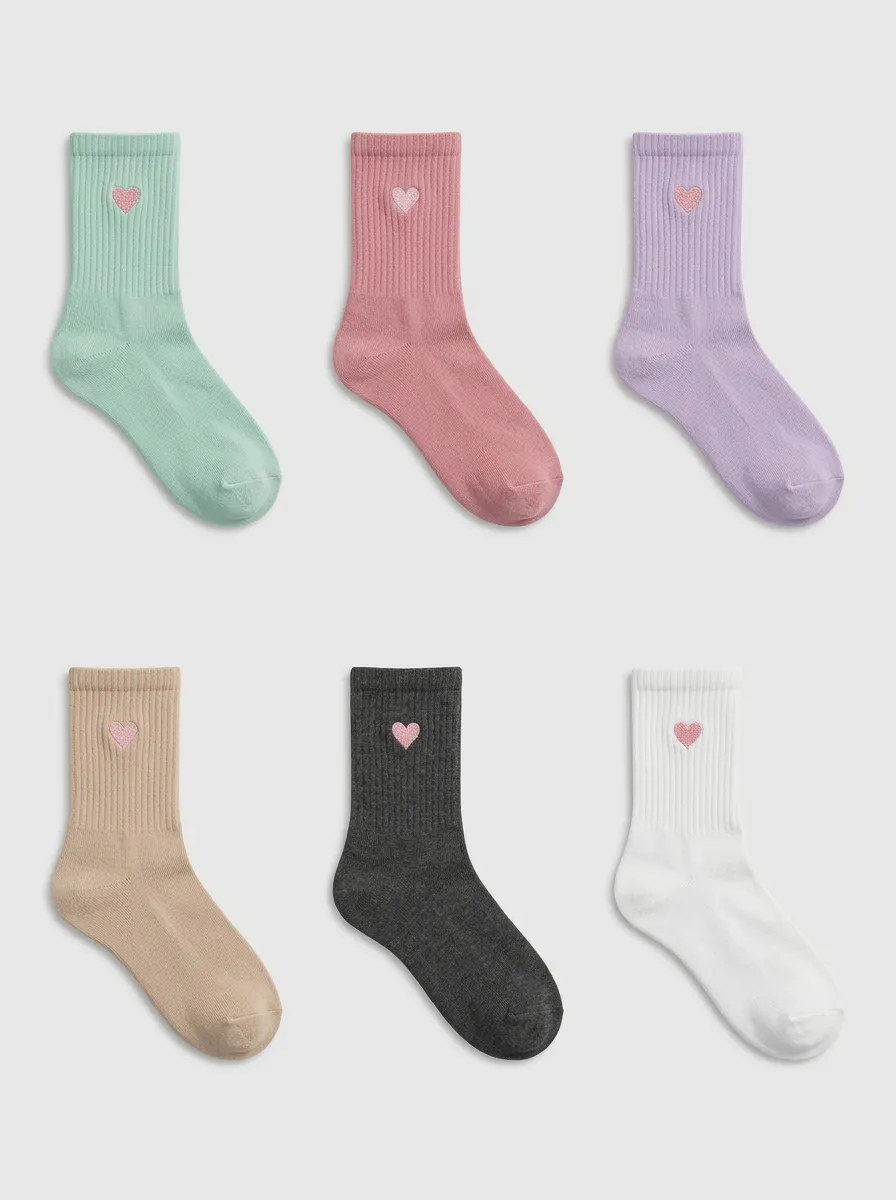 Women's Assorted Heart-Embroidered Ribbed Crew Socks 6-Pack
