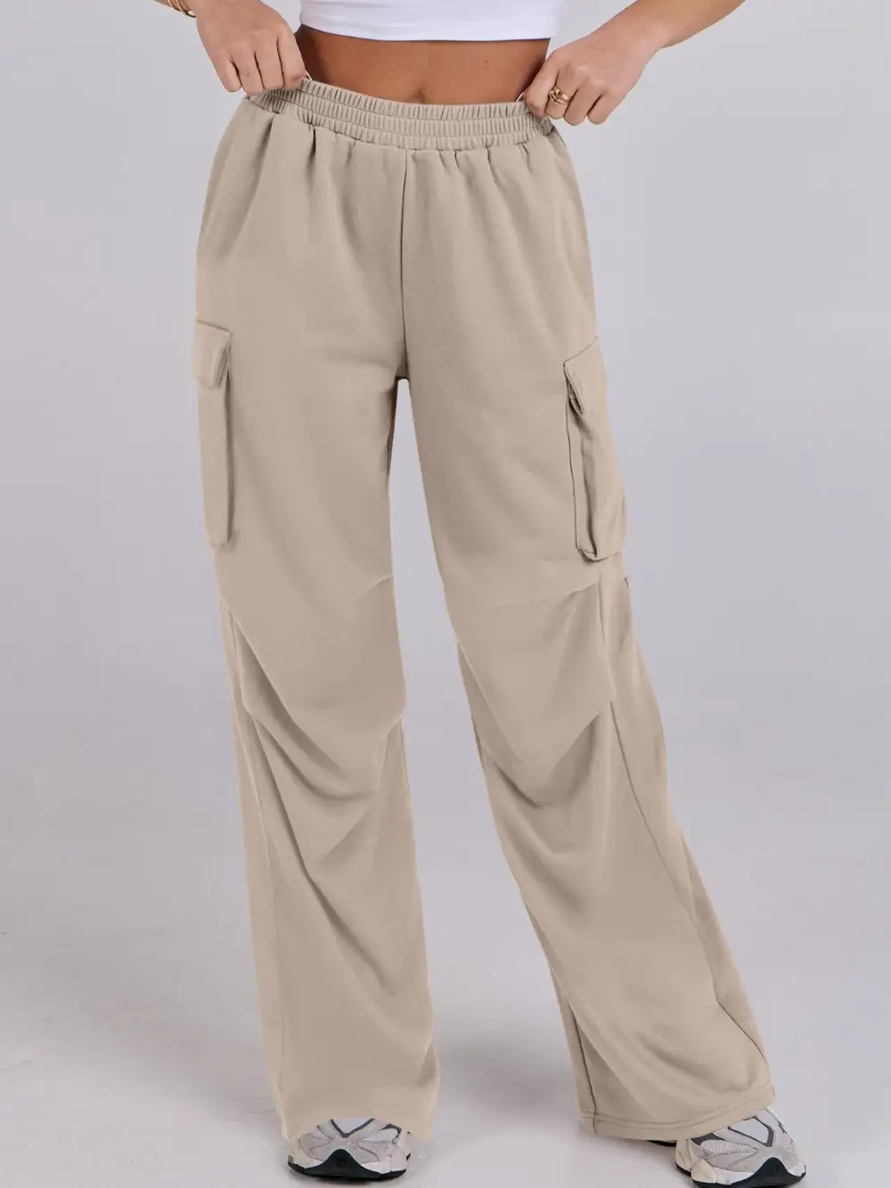 Elastic Waist Wide Leg Pants With Pocket