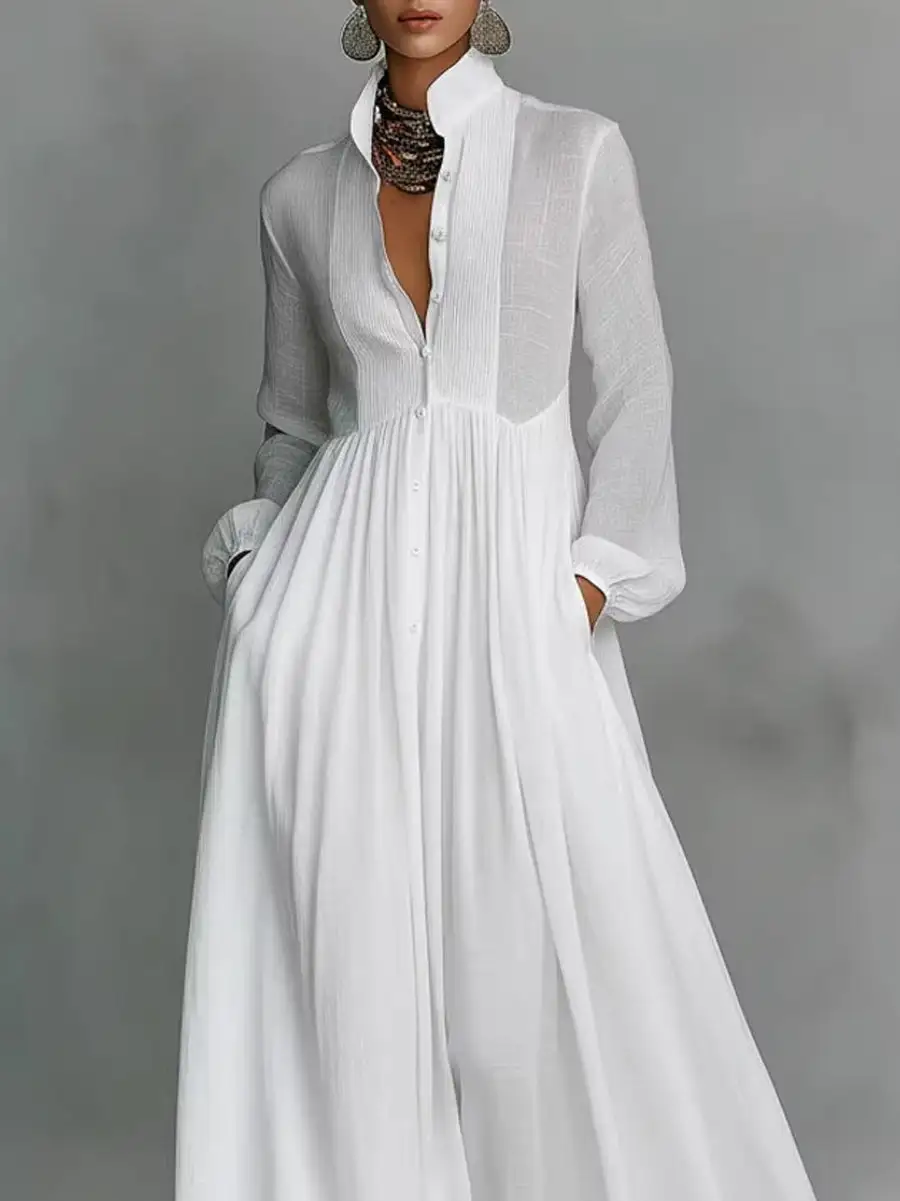 Pleated Buttoned Shirt Maxi Dress