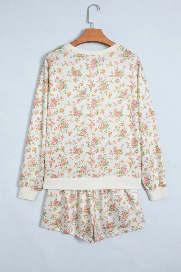 Women's Floral Print Long Sleeve Shift Top Pocketed Shorts Two Piece Set