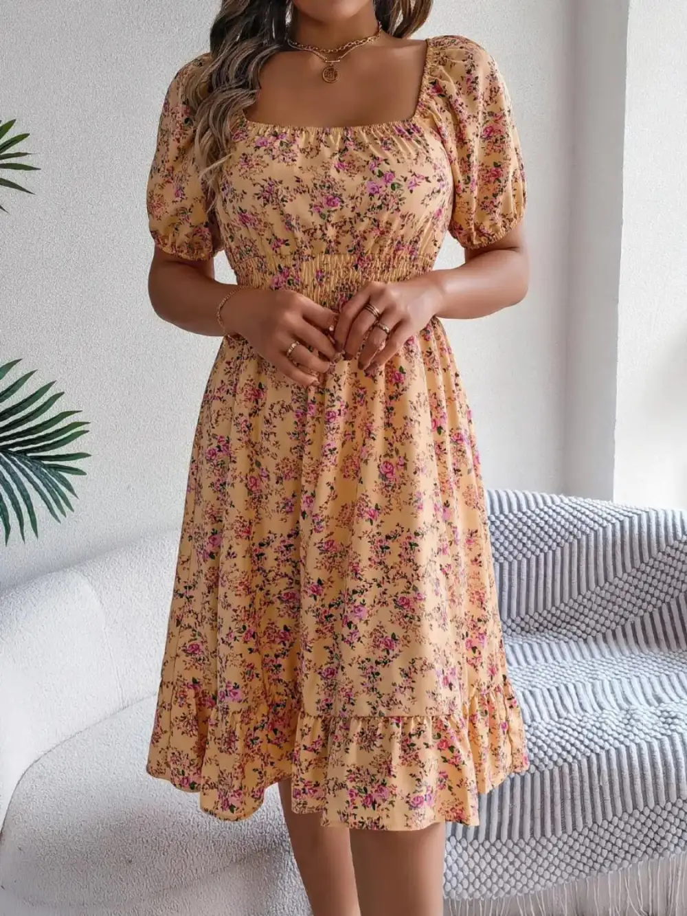 Ruffle Trim Floral Dress