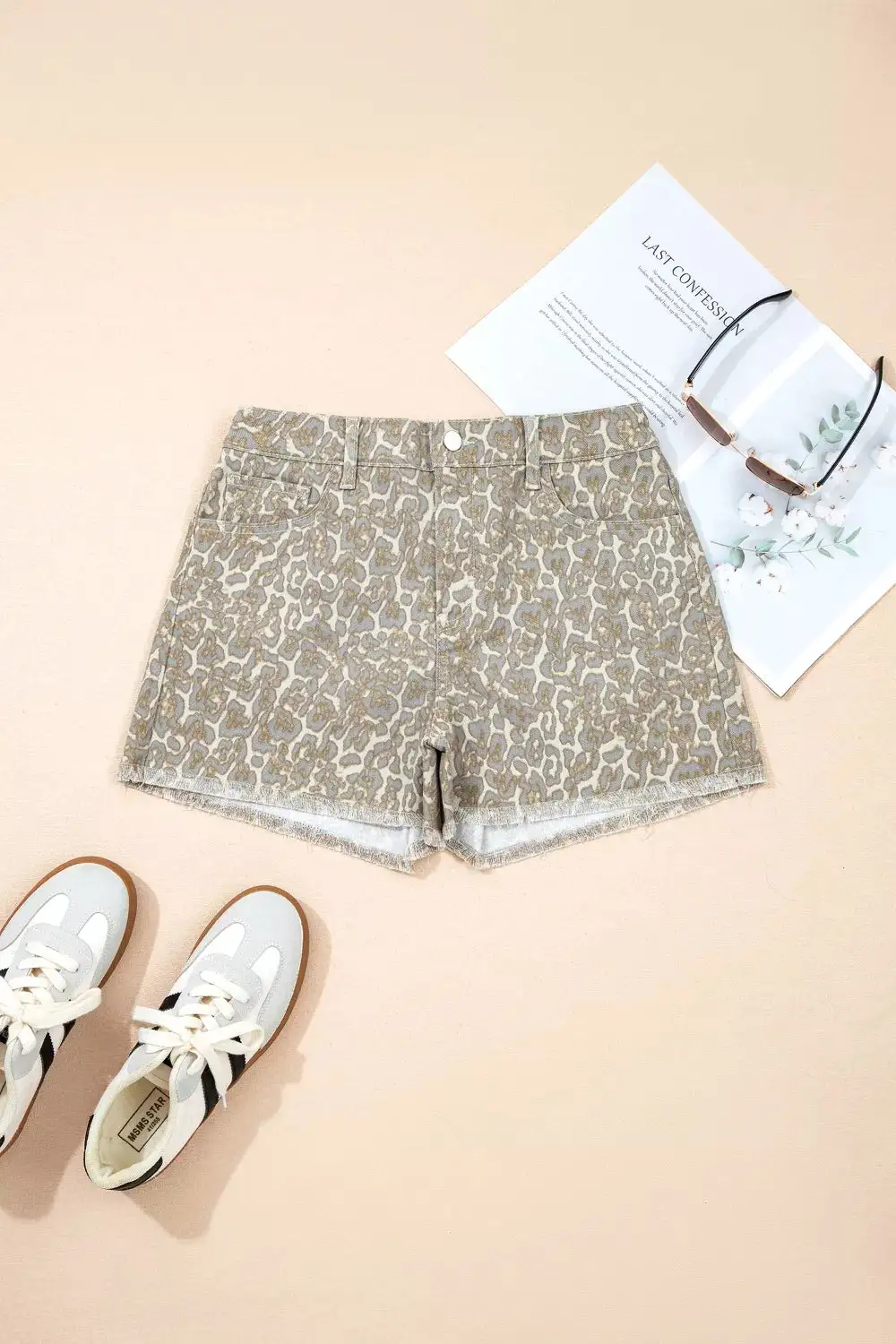Refined Raw Edge Leopard Print Denim Shorts