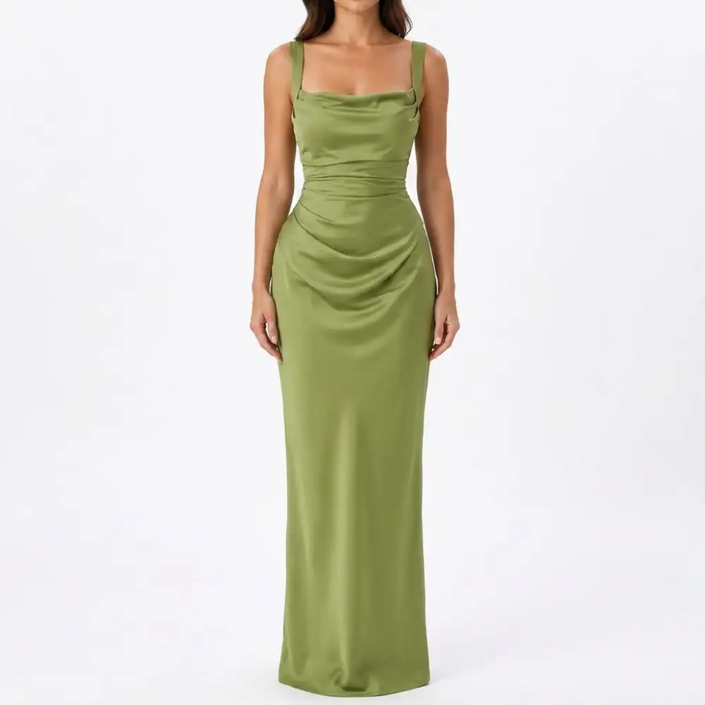 Satin Draped Ruched Maxi Dress