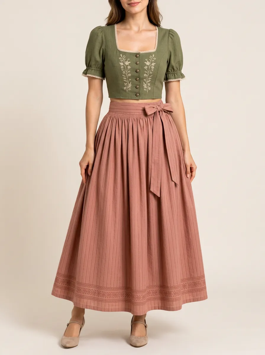 Women's Bavarian-Inspired Embroidered Pinstripe Midi Skirt Set