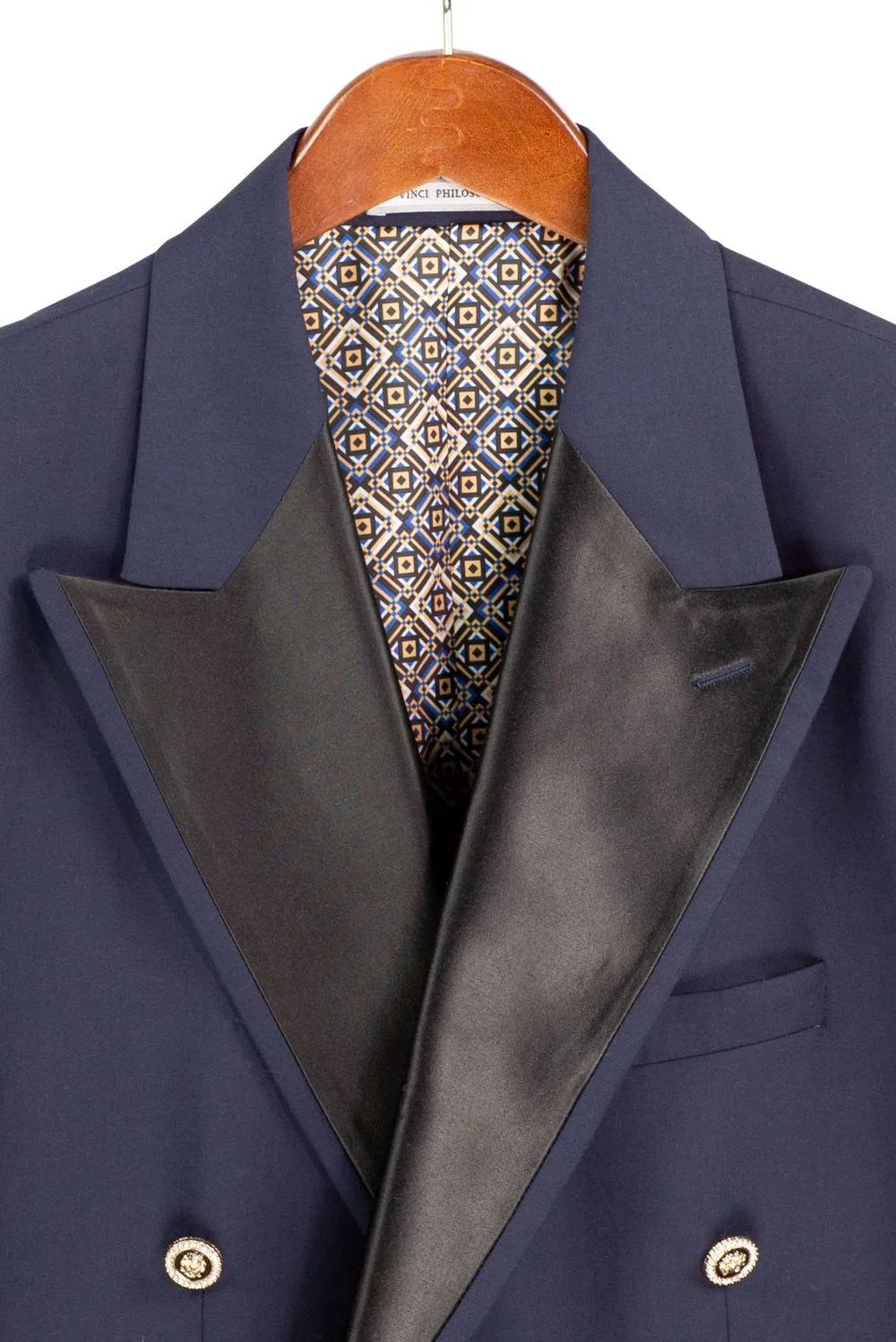Navy Modern Fit Satin Double Breasted Peak Lapel Side Vents Blazer