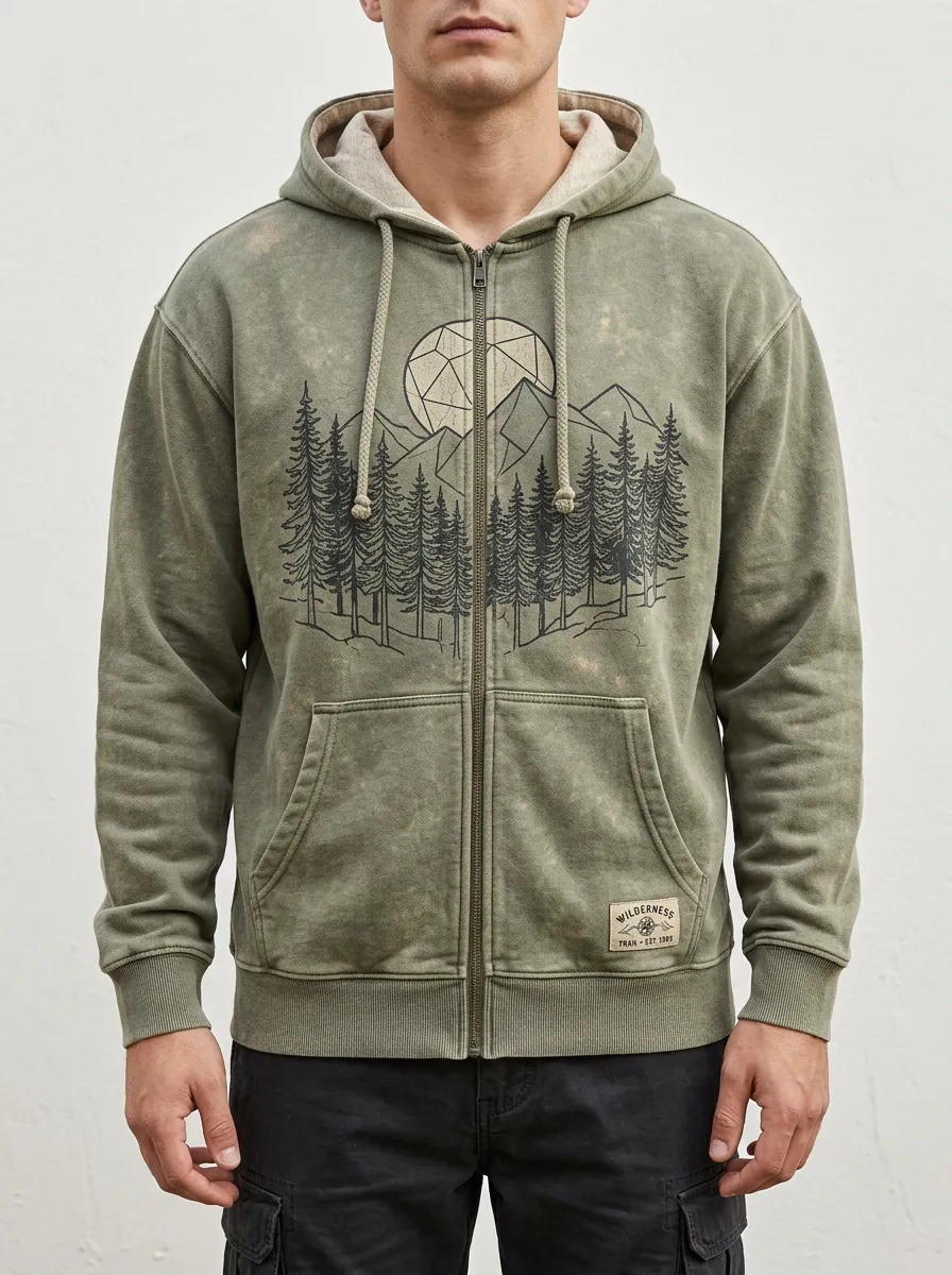 Men's Outdoor Nature Geometric Mountain Forest Printed Zip Hoodie
