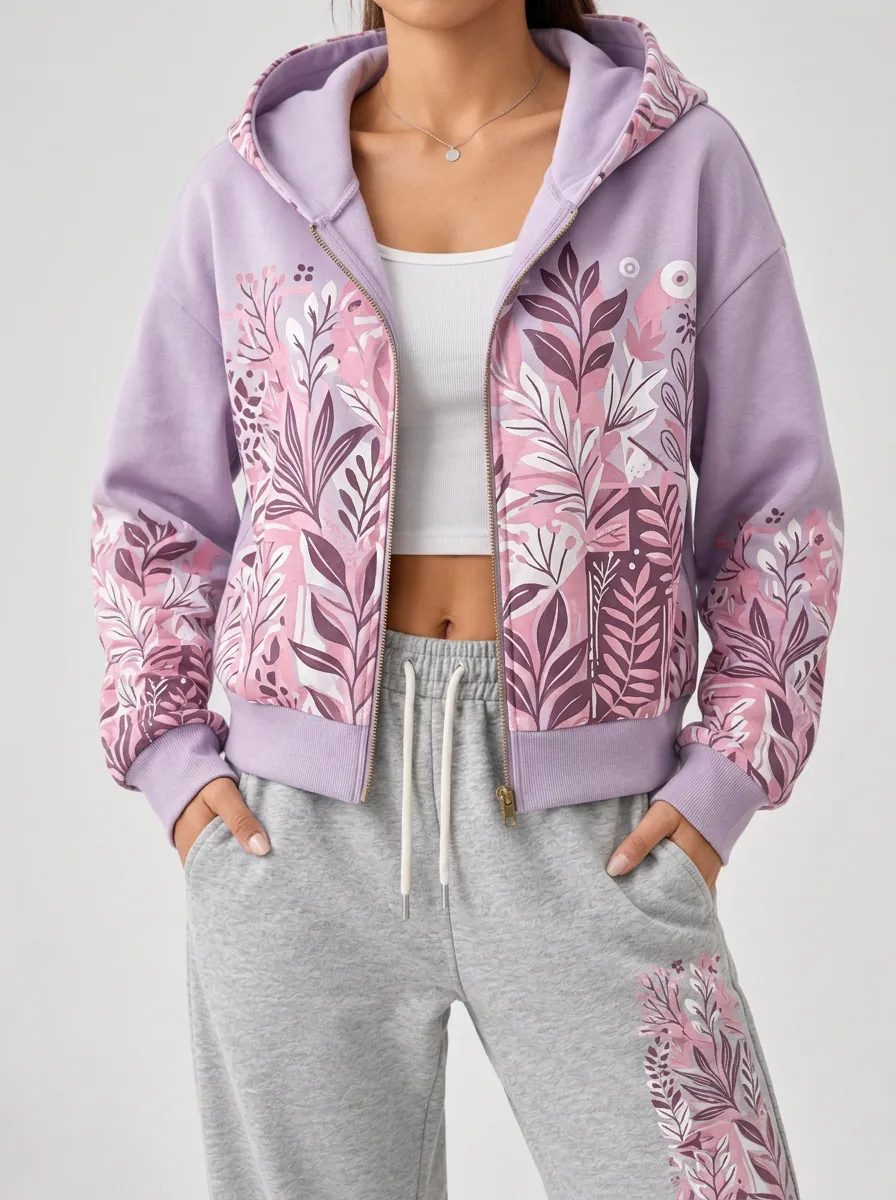 Women's Dreamlike Botanical Graphic Zip Hoodie