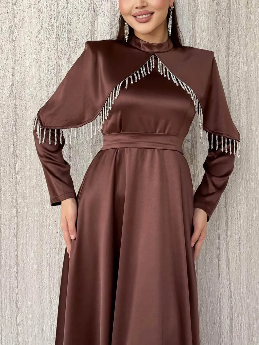 Satin Cape Detail Sleeve Maxi Dress