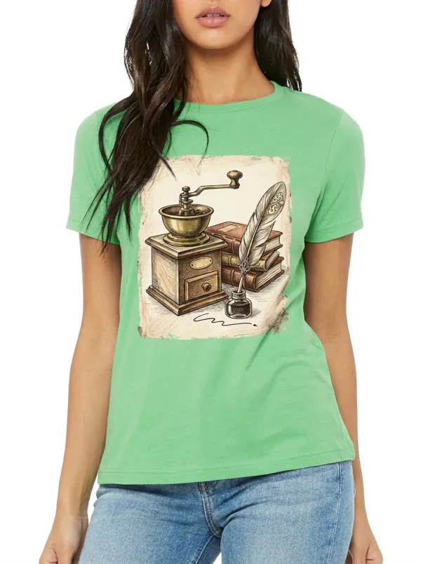 Women's Coffee Writer Lover Vintage Grinder Quill Books Printed T-Shirt