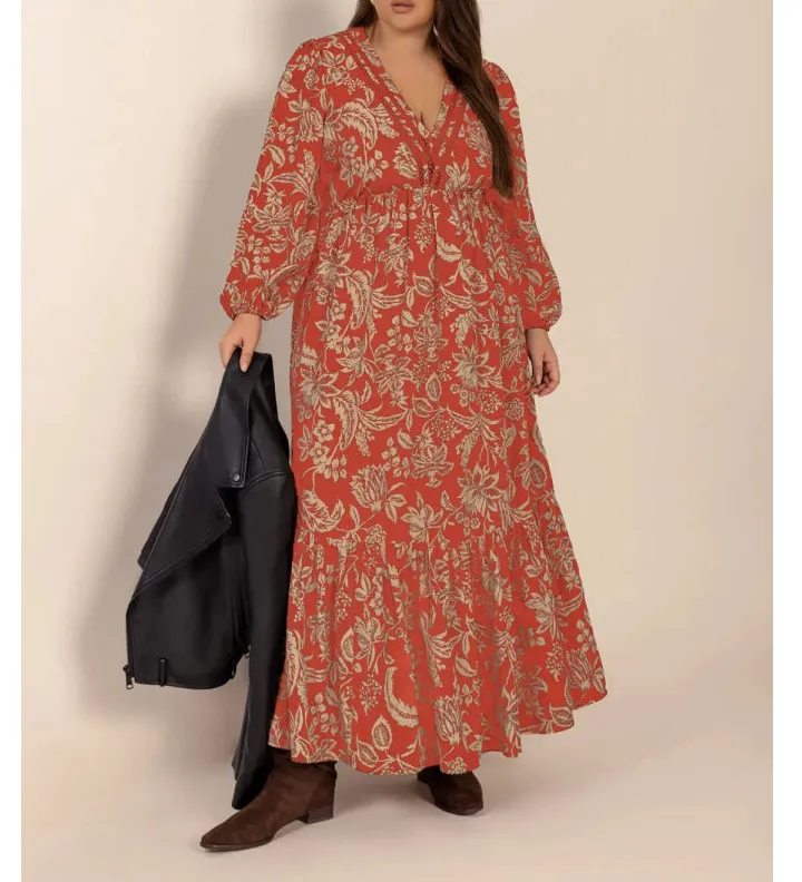 Plus Size Lace Detail Balloon Sleeve Midi Dress