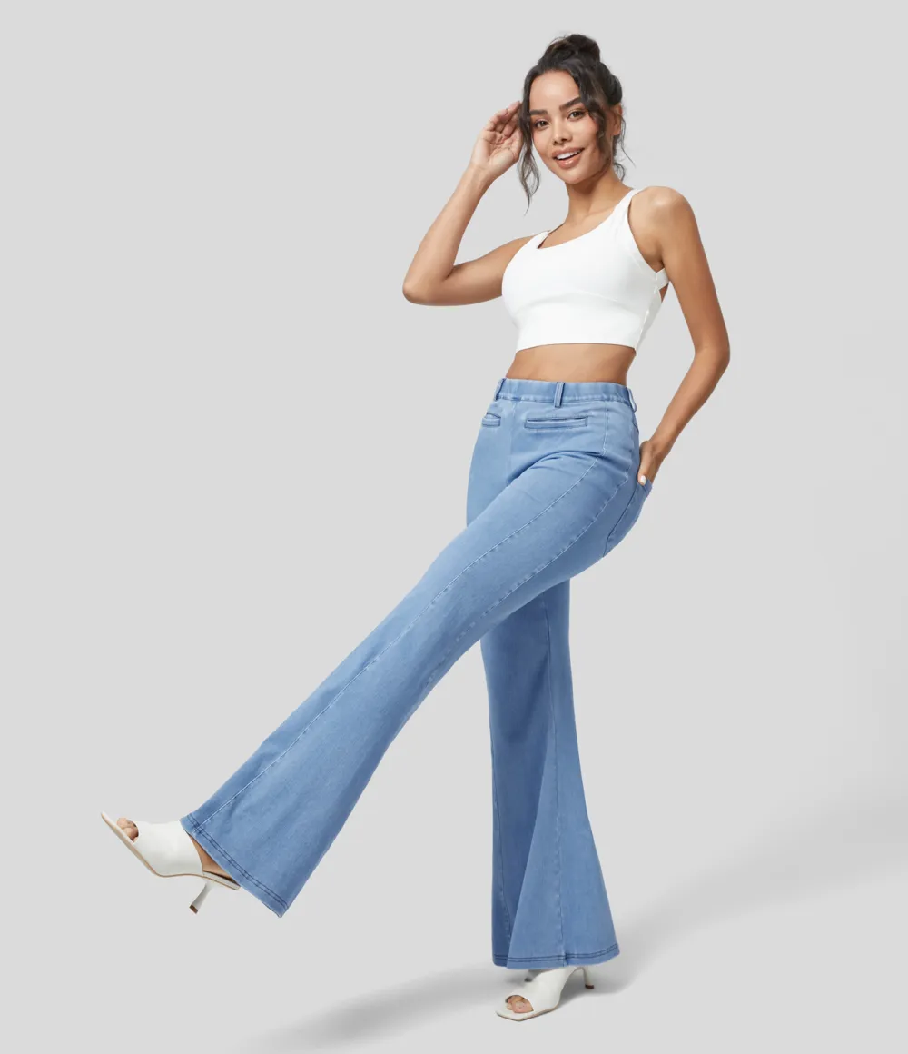 Magic High Waisted Multiple Pockets Washed Stretchy Knit Casual Super Flare Jeans