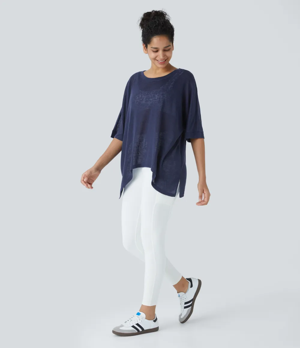 Asymmetric Split Hem Sheer Oversize Casual Top