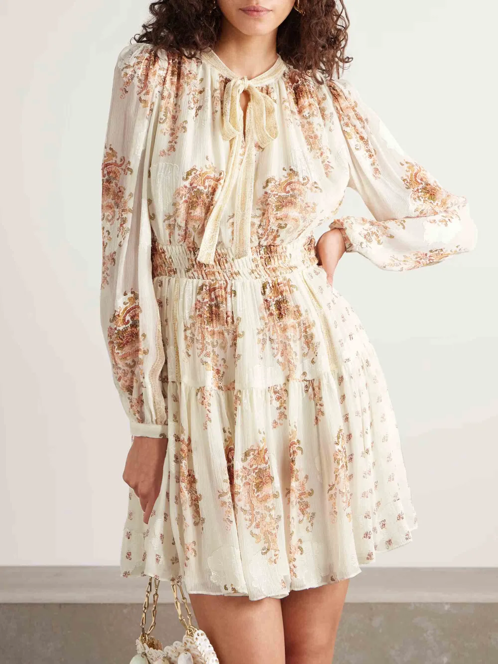 Tie Neck Bohemian Floral Print Mini Dress