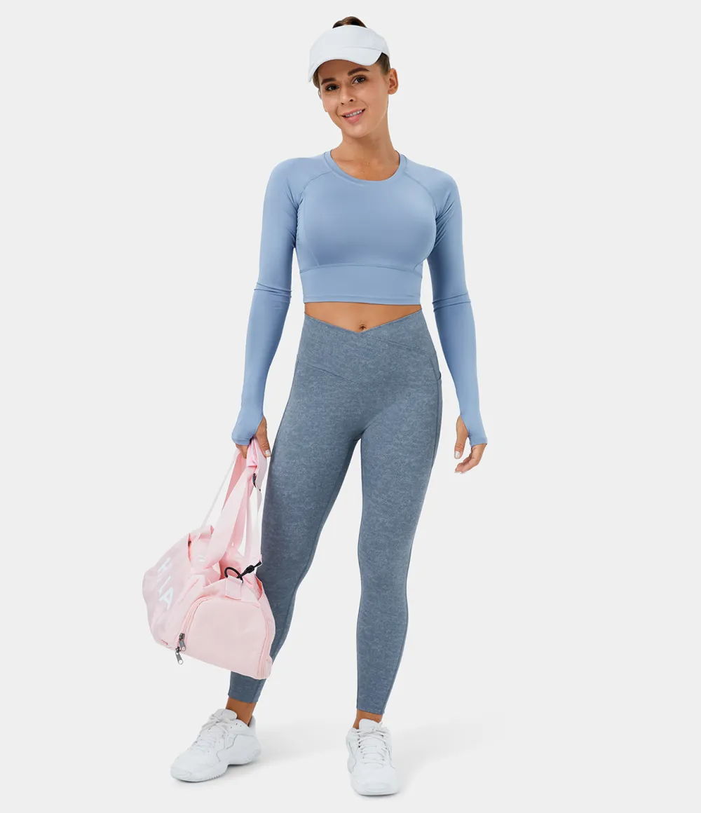 Crossover Side Pocket Stretchy Denim Print Yoga Leggings