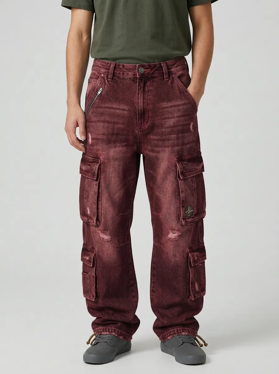 Men's Blue Distressed Mid Blue Zip Utility Pocket Lower Leg Cargo Pocket Cargo Pants