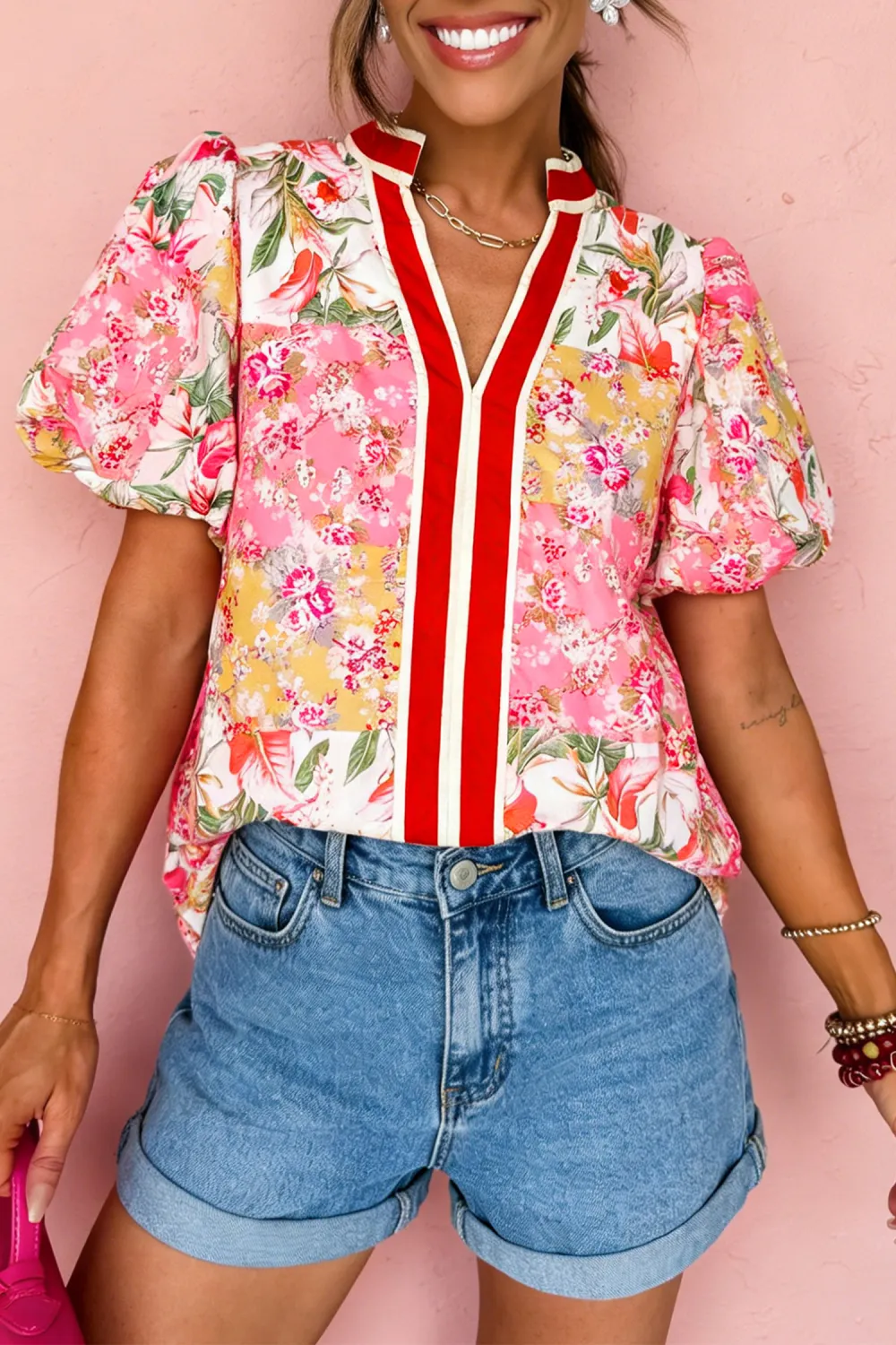 Pink Contrast Collared V Neck Blouse