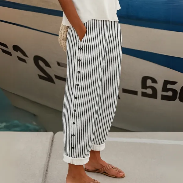 Button-detail Striped Trousers