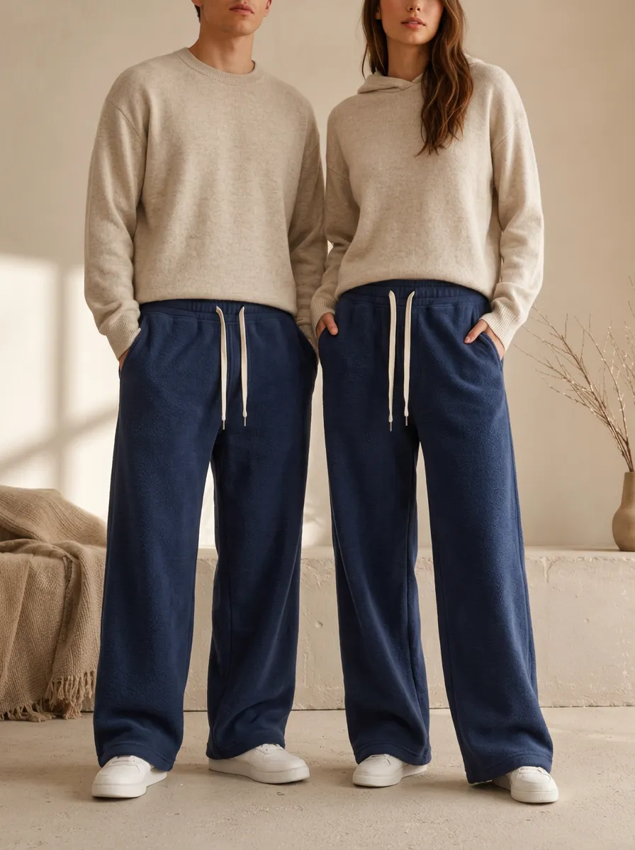 Unisex Layered Wide-Leg Fleece Sport Pants