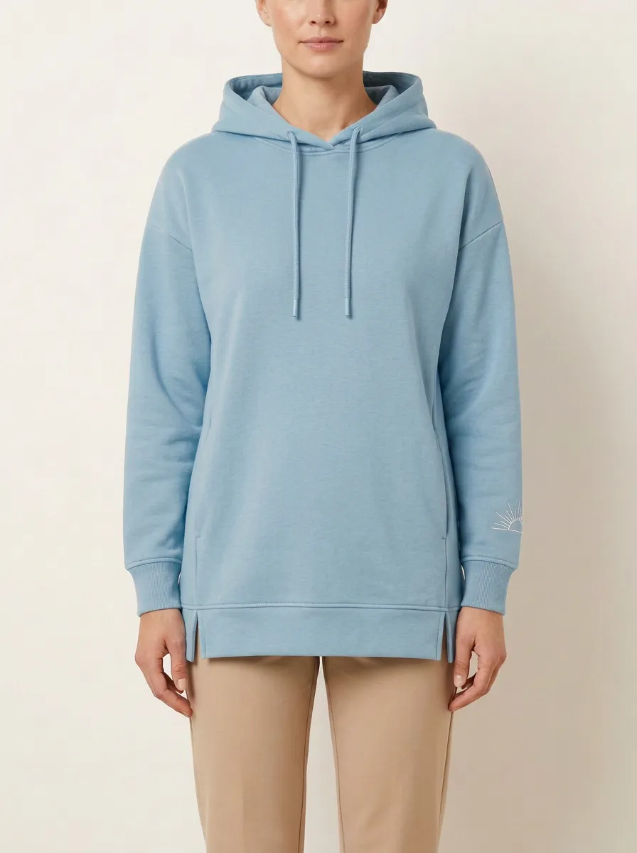 Women's Sunray-Sleeve Embroidered Drop-Shoulder Side-Slit Hoodie