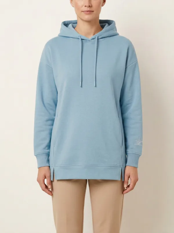 Women's Sunray-Sleeve Embroidered Drop-Shoulder Side-Slit Hoodie
