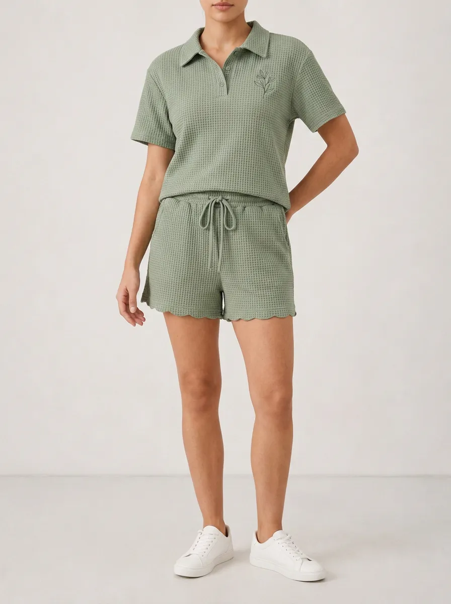 Women's Weekend Waffle Knit Floral Embroidered Polo Shirt