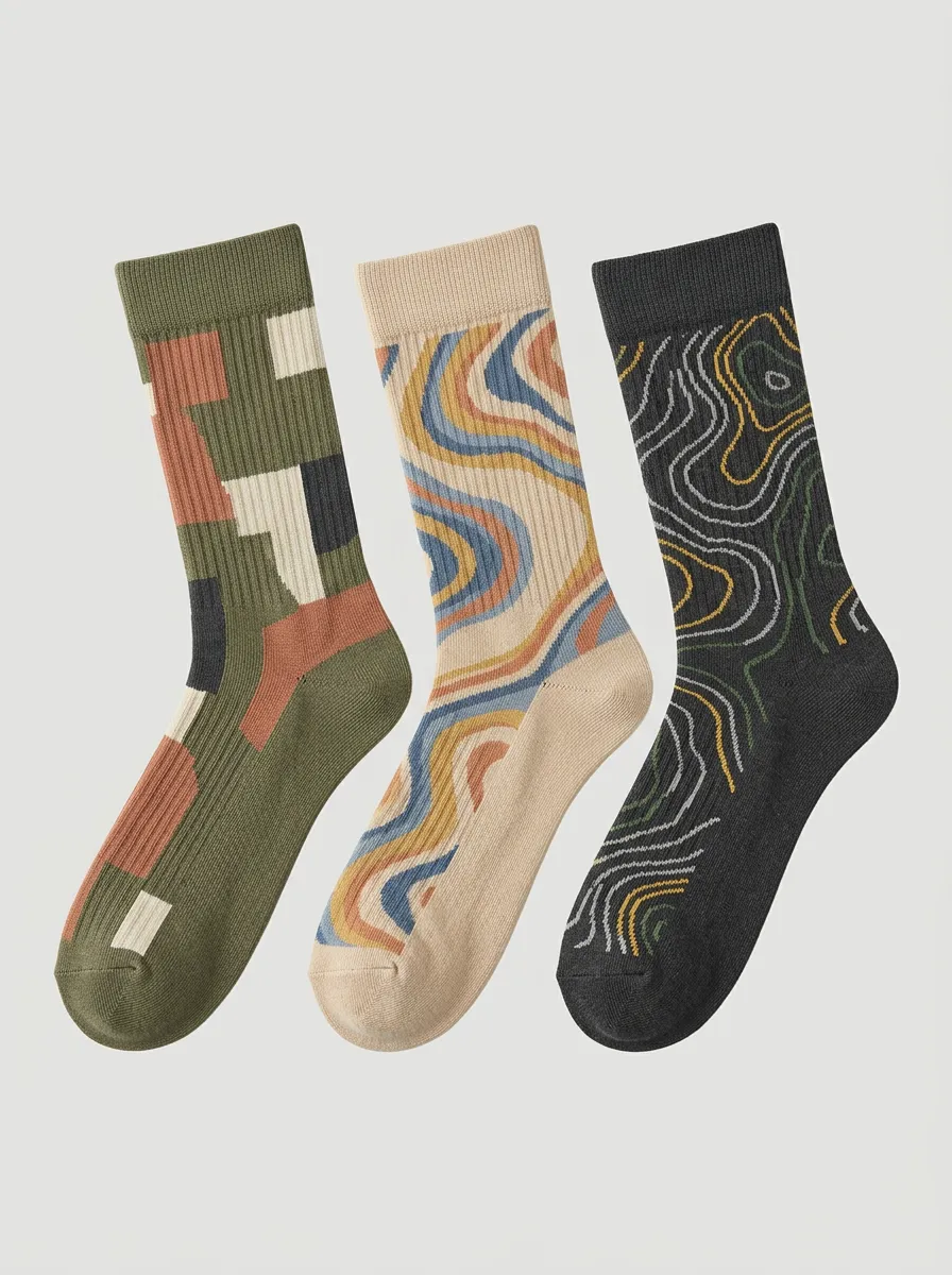 Men's Geometric Retro Wavy Topographic Printed Three Pack Socks