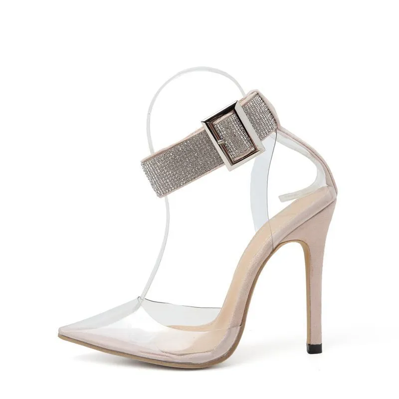 Buckle Strap Stiletto Heel Rhinestone Transparent Detail Shoes