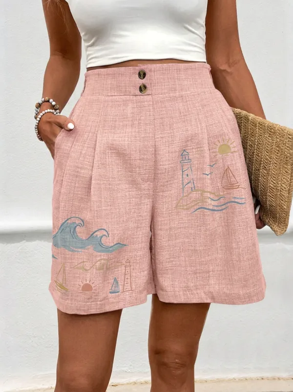 Women's Nautical Beach Lover Lighthouse Sailboat Retro Graphic Shorts