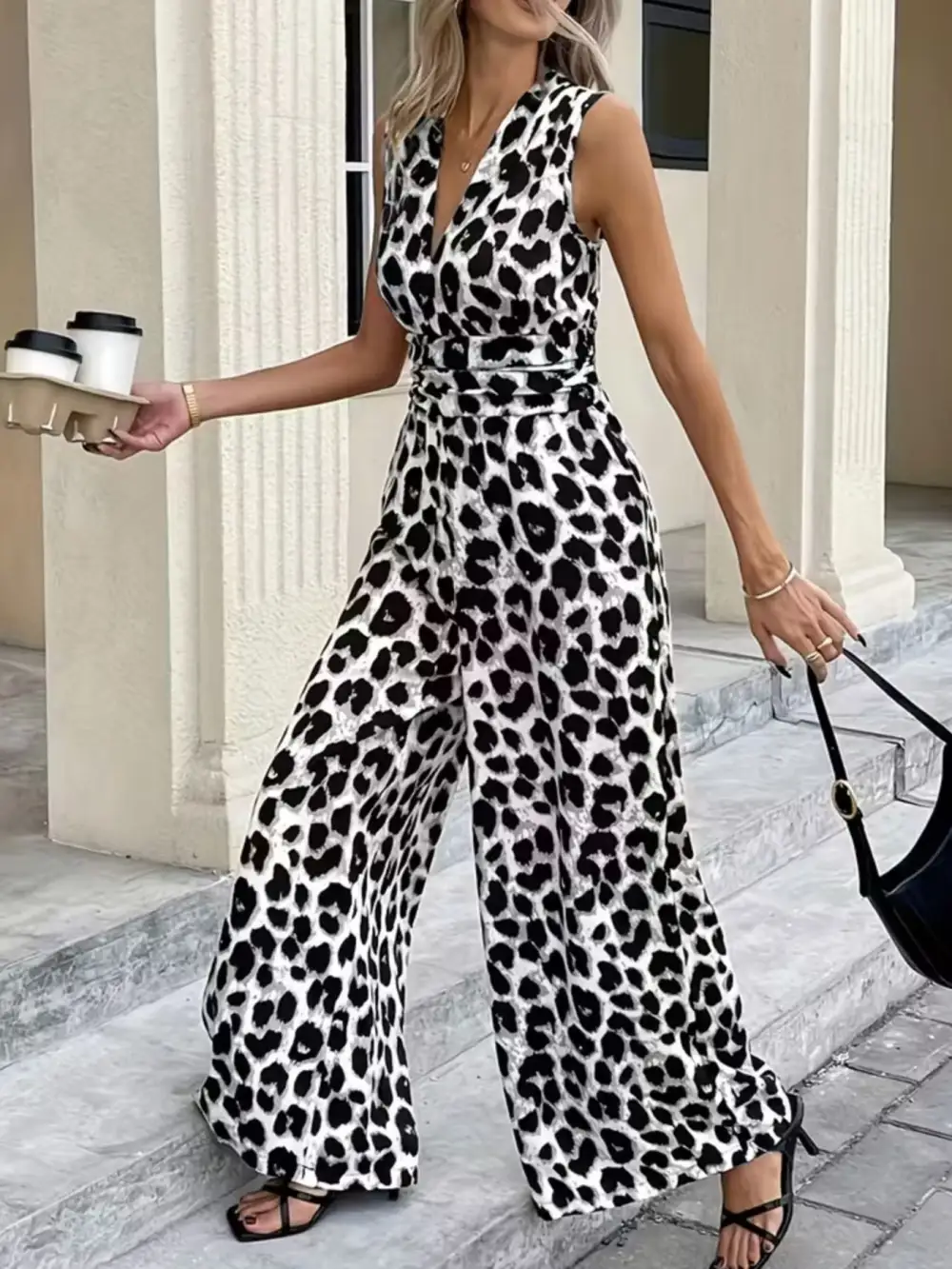 Sleeveless V Neck Leopard Print Wide Jumpsuit