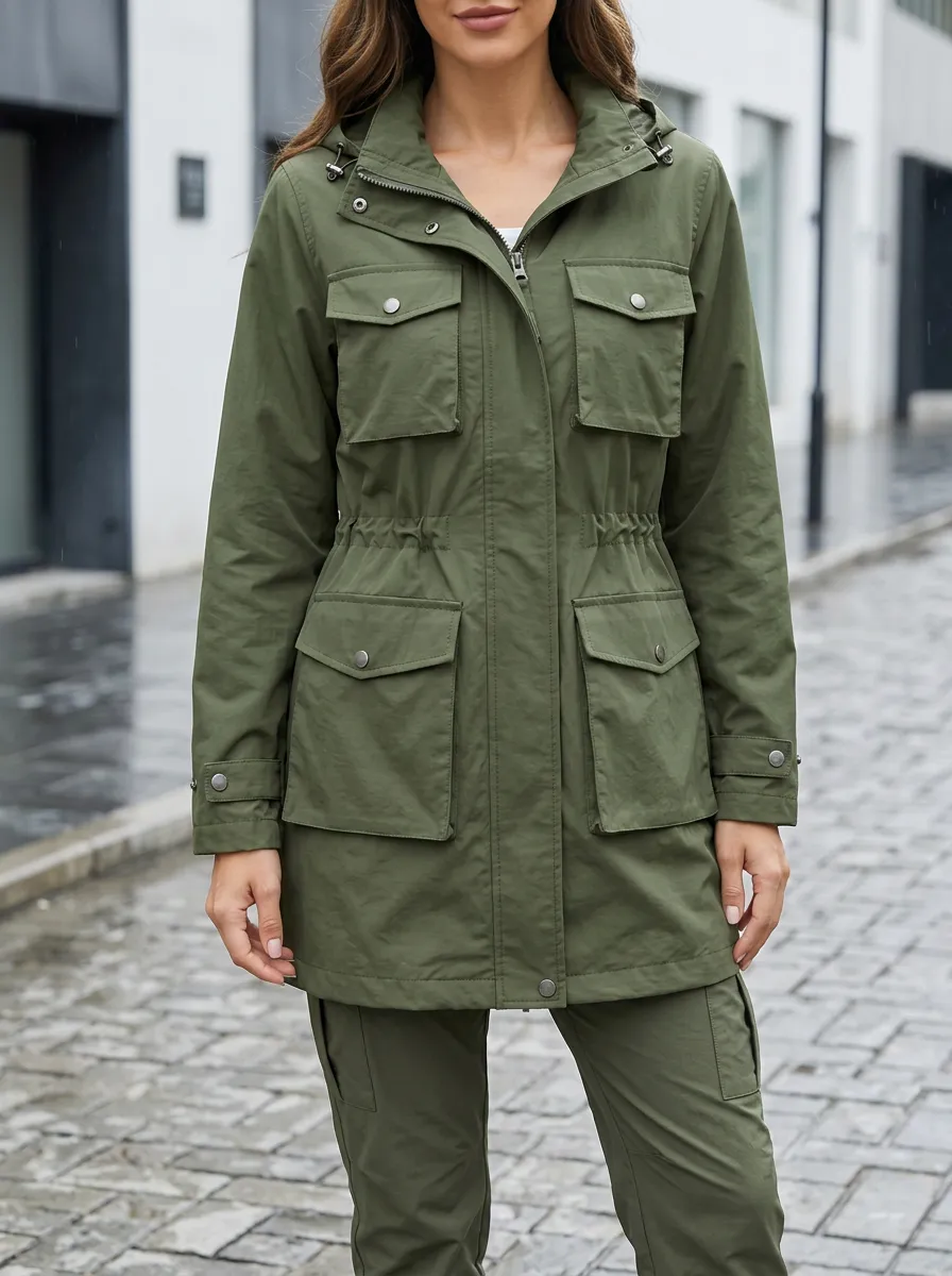 Women's Olive Green Hooded Waterproof Jacket