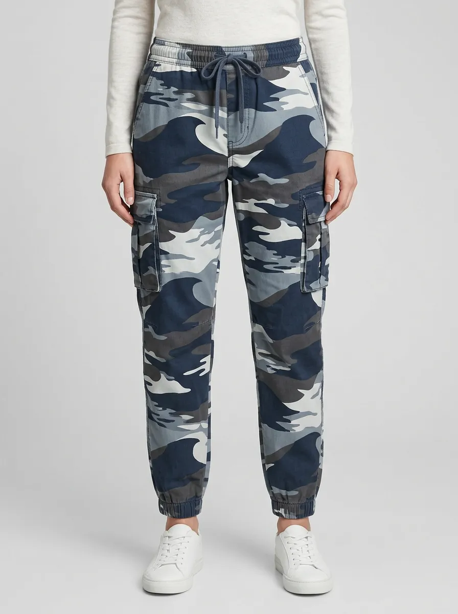 Women's Camouflage Mid-Rise Elastic-Waist Drawstring Flap-Pocket Slant-Pocket Cuffed-Hem Cargo Joggers
