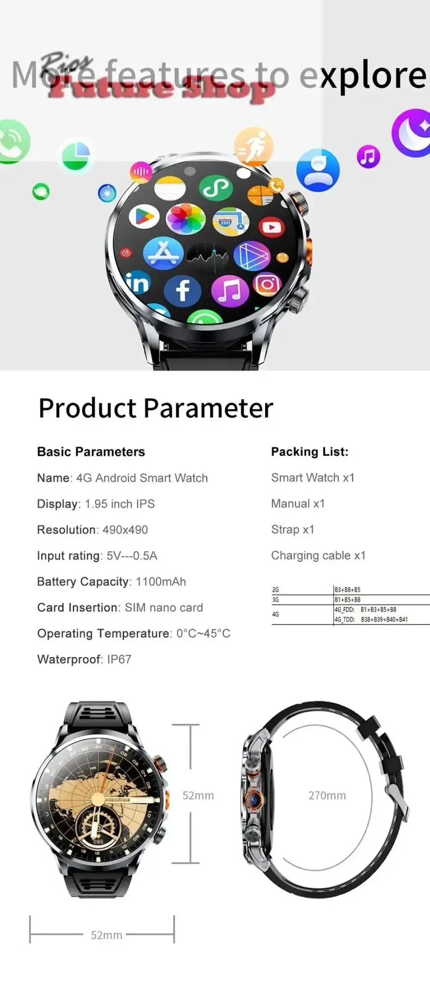 2025 new 4G Android smartwatch 1.95 inch IPS 360*360 screen with 200w camera GPS WiFi 32GB ROM smartwatch with 1100mAh battery