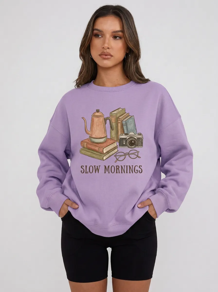 Women's Slow Mornings Book Camera Coffee Printed Sweatshirt