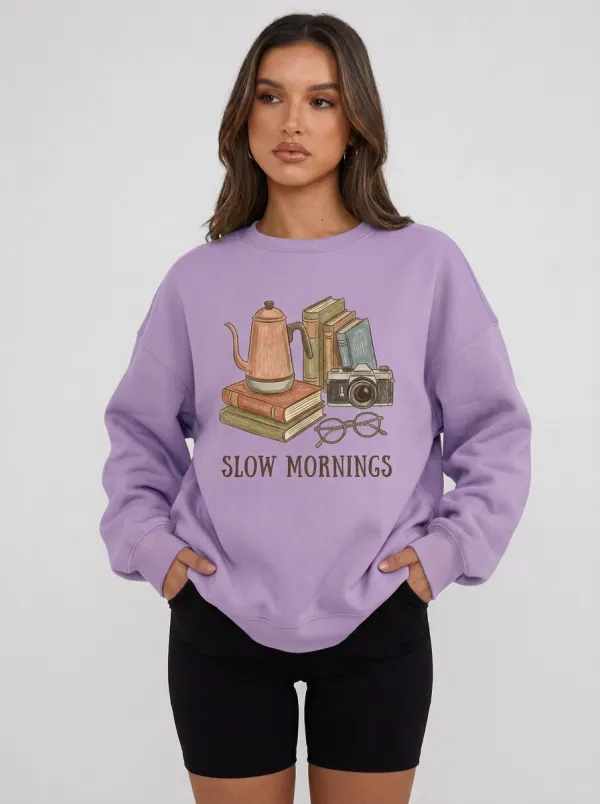 Women's Slow Mornings Book Camera Coffee Printed Sweatshirt