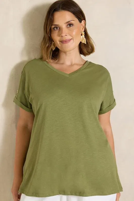 Khaki Green Button Shoulder T-Shirt