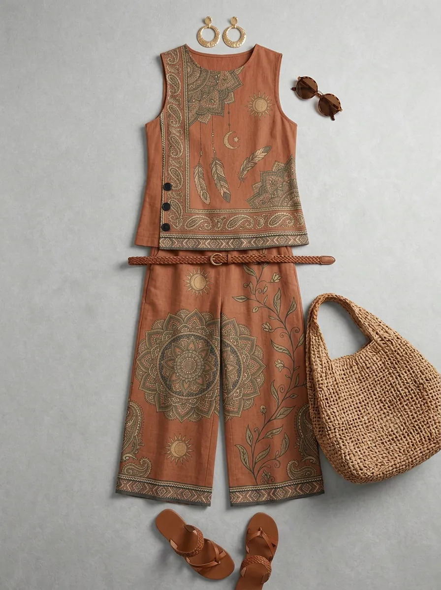 Women's Boho Mandala Sun Feather Printed Sleeveless Set