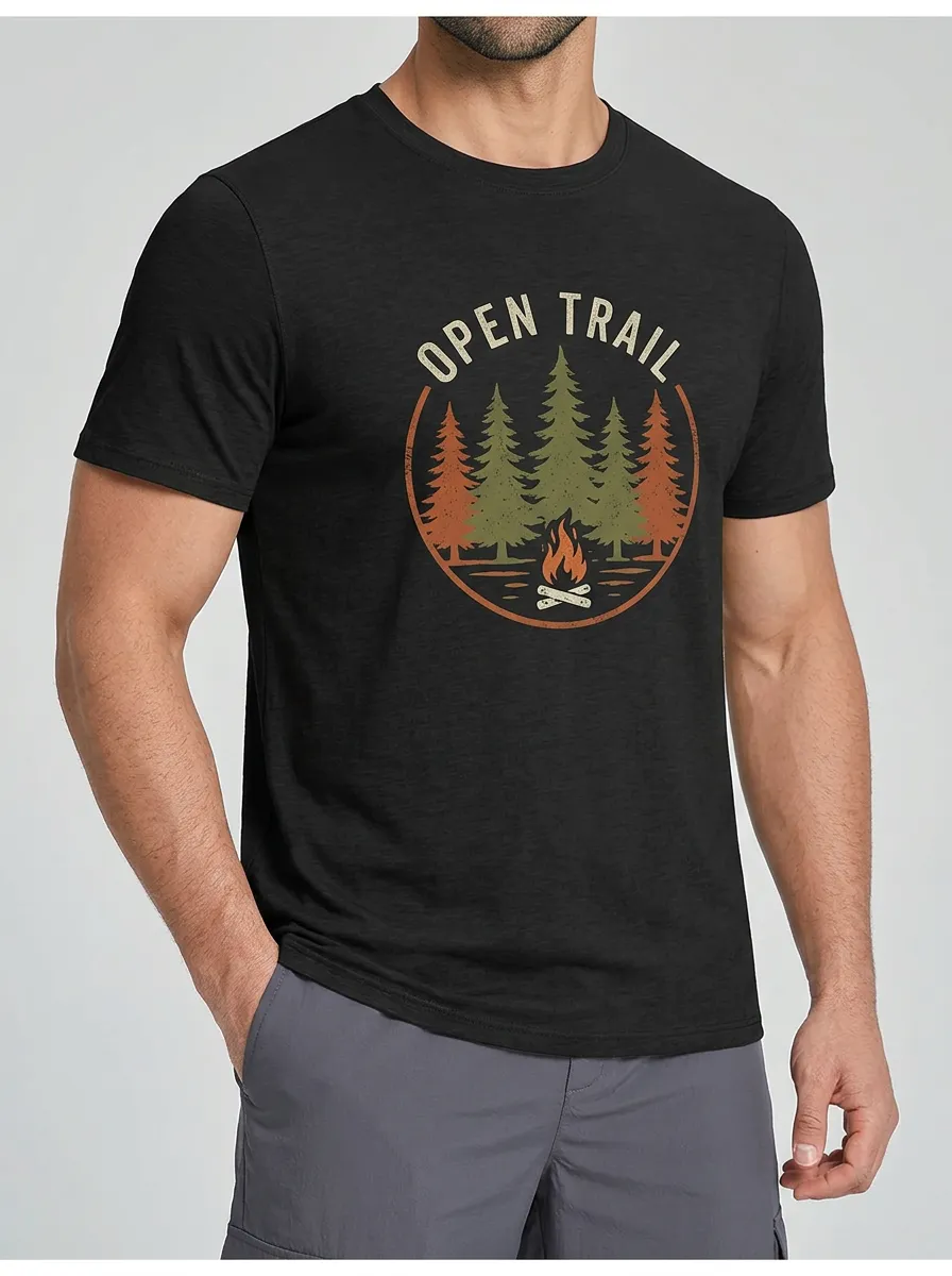 Men's Outdoor Camping Lover Open Trail Pine Forest Campfire Printed T-shirt