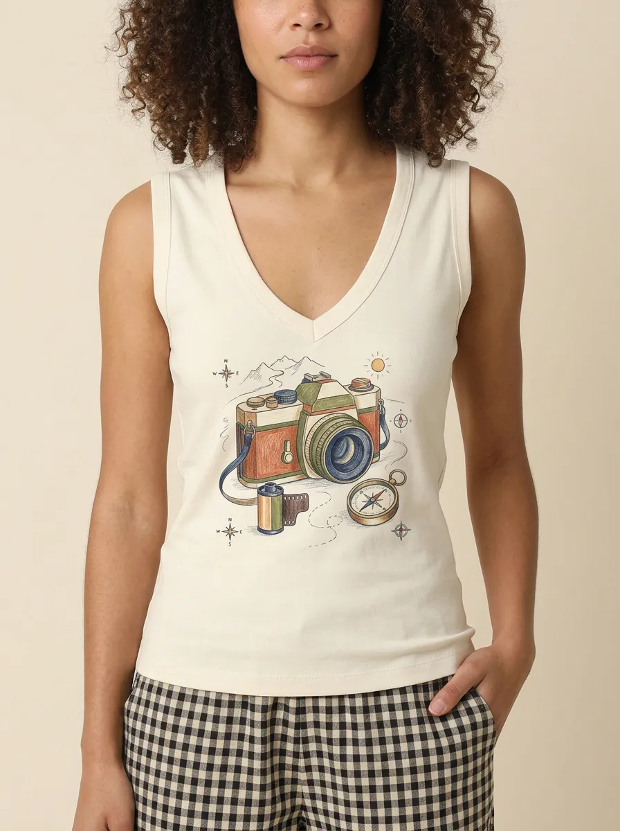 Women's Travel Photography-Inspired Camera Compass Printed Tank Top