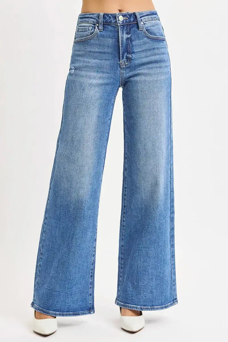 Textured Denim High Rise Wide Leg Pocketed Jeans