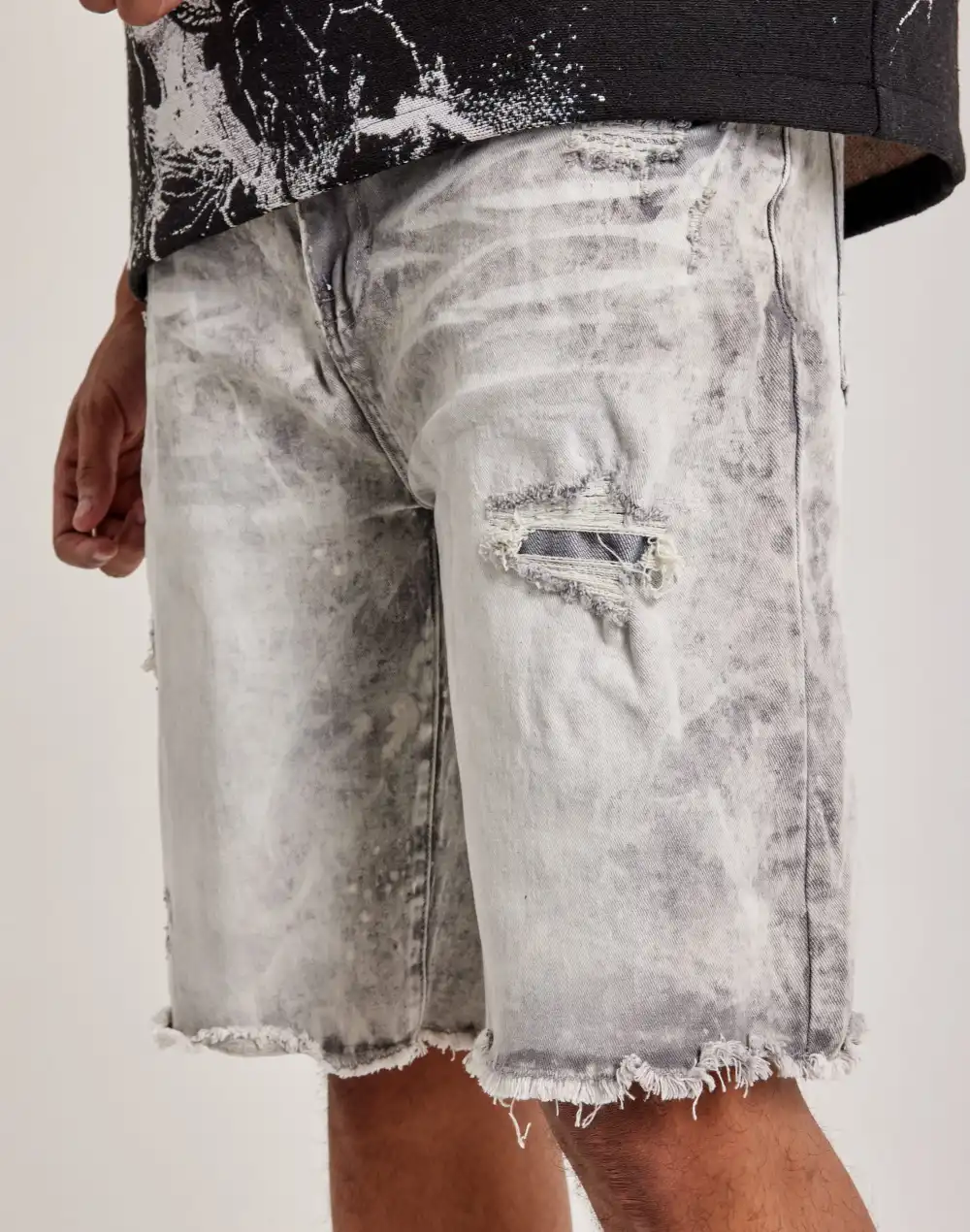 Textured Distressed Denim Shorts